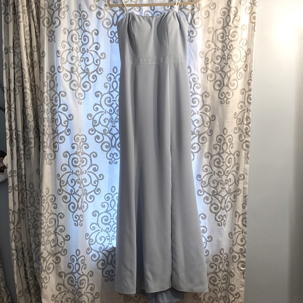 Elegant light blue, strapless maxi dress